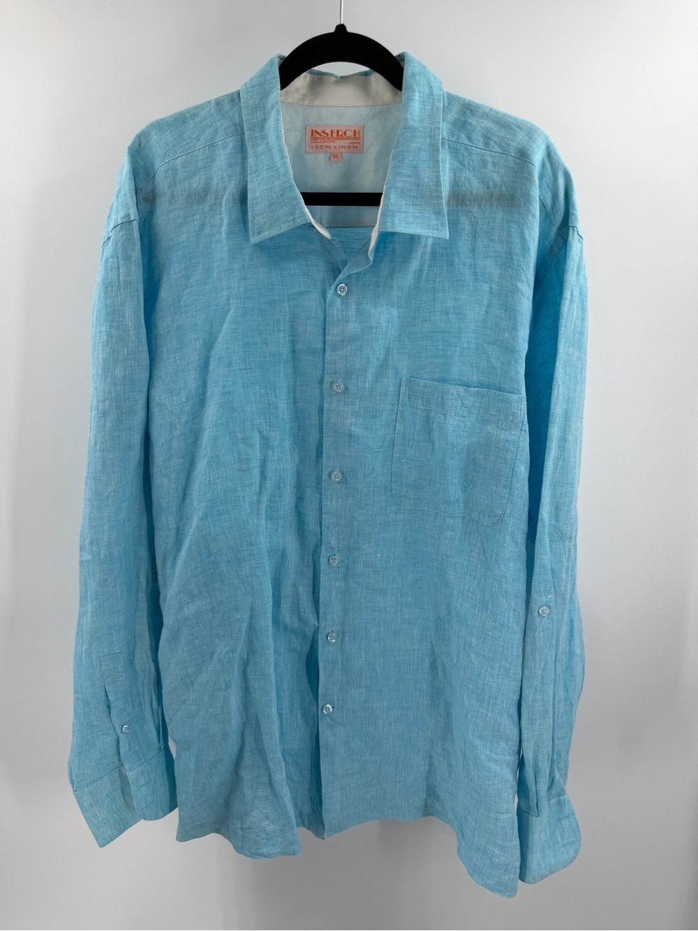 Inserch 100% Linen Light Blue Linen Men's Button-Up Shirt 3XL Beachy vacation